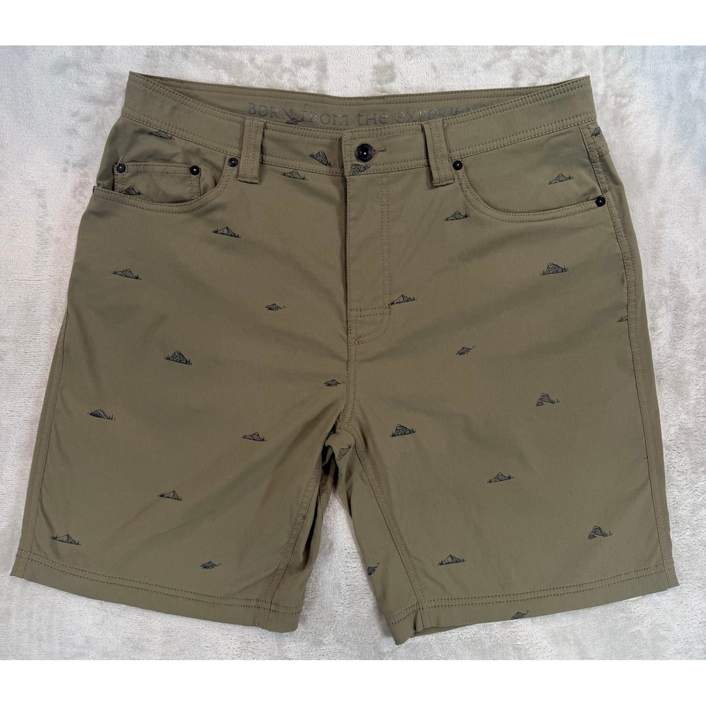 PrAna Men Brion Chino 9" Inseam Mountain Print Hiking Outdoor Khaki Shorts 35